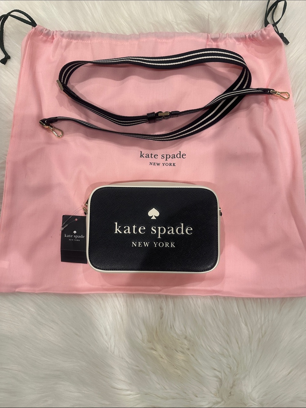 kate spade Black and Cream Crossbody Camera Bag with Striped Strap